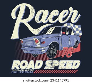 Racer Sprint design for t shirt print, poster, sticker, background and other uses. American racing. Speedway graphic print design. Road speed artwork.