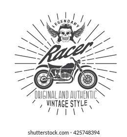 racer vintage print with motorcycle, wings and skull