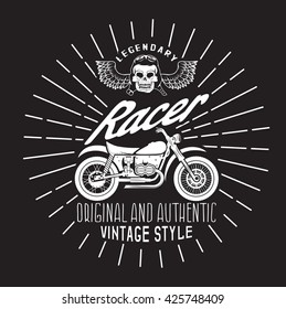 racer vintage print with motorcycle, wings and skull