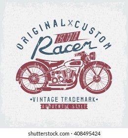 racer vintage vector grunge print with motorcycle and wrenches