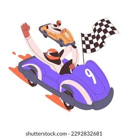 Racer winner at finish during kart racing competition. Winning driver in car, go-cart, gokart with flag at motor road tournament, extreme sport. Flat vector illustration isolated on white background