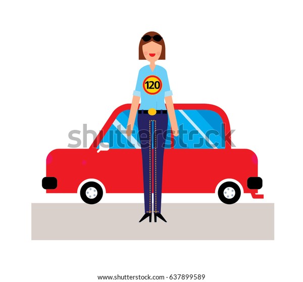 Racer woman icon with red car on the\
background. Vector\
illustration