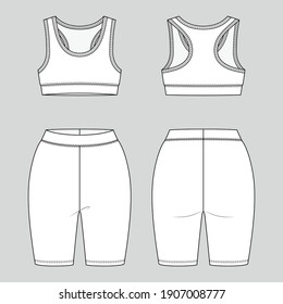 Racerback bralette and legging shorts. Women's sportswear. Activewear set. Vector technical sketch. Mockup template.