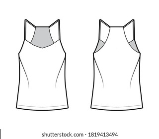 Racer-back camisole technical fashion illustration with V-neck, straps, relaxed fit, tunic length. Flat outwear tank apparel template front, back, white color. Women, men unisex shirt top CAD mockup