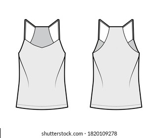 Ilustración de moda técnica de cámara trasera con cuello V, correas, ajuste relajado, longitud túnica. Plantilla de ropa de vestir de ropa de vestir plana delantera, color gris de espalda. Mujeres, hombres unisex camiseta top CAD mockup