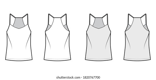 Ilustración de moda técnica de cámara trasera con cuello V, correas, ajuste relajado, longitud túnica. Plantilla de ropa de vestir de ropa de vestir plana frontal, posterior, color gris blanco. Mujeres, hombres unisex camiseta top mockup