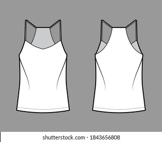 Ilustración de moda técnica de cámara trasera con cuello V, correas, ajuste relajado, longitud túnica. Plantilla de ropa de vestir de ropa de vestir plana delantera, trasera, color blanco. Mujeres, hombres unisex camiseta top CAD mockup