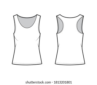 Racer-back cotton-jersey tank technical fashion illustration with relax fit, wide scoop neckline. Flat outwear cami apparel template front, back white color. Women men unisex shirt top CAD mockup 