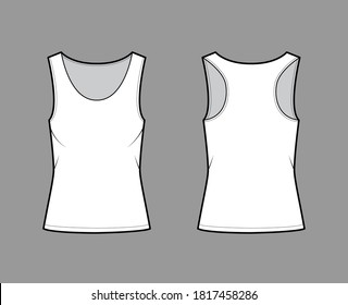 Racer-back cotton-jersey tank technical fashion illustration with relax fit, wide scoop neckline. Flat outerwear camisole apparel template front, back white color. Women's shirt top CAD mockup 