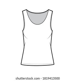 Racer-back cotton-jersey tank technical fashion illustration with relax fit, wide scoop neckline. Flat outwear cami apparel template front, white color. Women men unisex shirt top CAD mockup 