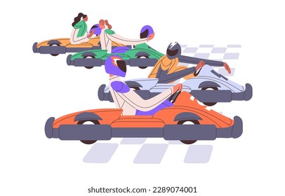 Racers, drivers in cars, road carts start in competition. Kart racing, extreme auto sport. Friends at gokarts, road track entertainment. Flat graphic vector illustration isolated on white background