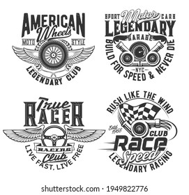 Races club t-shirt prints, speed wheel and wings, vector icons. Motorcycle races, bikers club, motorbike riders and speedway rally sport, American legendary garage engine sign for t shirt prints