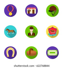 Races on horseback, hippodrome. Horse racing and equipping riders.Hippodrome and horse icon in set collection on flat style vector symbol stock illustration.