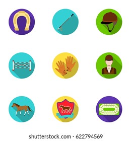 Races on horseback, hippodrome. Horse racing and equipping riders.Hippodrome and horse icon in set collection on flat style vector symbol stock illustration.