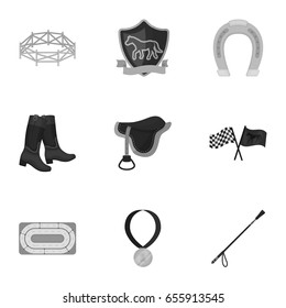 Races on horseback, hippodrome. Horse racing and equipping riders.Hippodrome and horse icon in set collection on monochrome style vector symbol stock illustration.