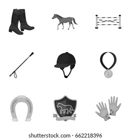 Races on horseback, hippodrome. Horse racing and equipping riders.Hippodrome and horse icon in set collection on monochrome style vector symbol stock illustration.