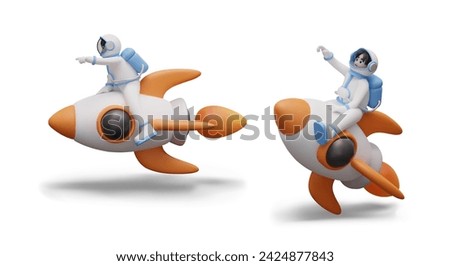 Races on space rockets. Astronaut in space suit sits on top of rocket