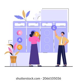 Raci Matrix concept. Man and woman distribute responsibilities and tasks between employees using special table. Team management and effective work in company. Cartoon modern flat vector illustration