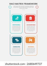 Modelo de contorno de infográfico de estrutura de matriz RACI com estrutura de caixa vertical com emblema de cabeçalho 4 ponto com para vetor de apresentação de slide