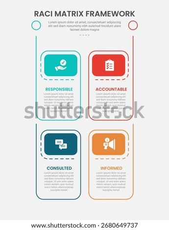 RACI matrix framework infographic outline style with vertical box structure with header badge 4 point template with for slide presentation vector