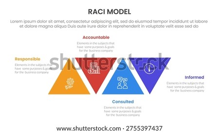 RACI model infographic 4 point stage template with triangle shape modification ups and down for slide presentation vector