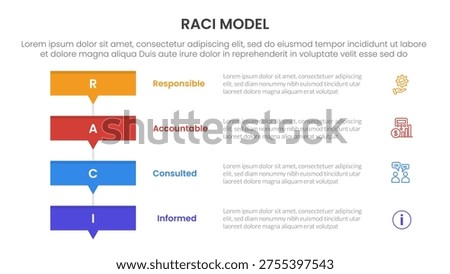 RACI model infographic 4 point stage template with rectangle box stack with small arrow bottom for slide presentation vector