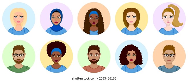 Symbole für ethnische Divergenz. Set Avatare. Arabische, afrikanische, hispanische (latina) und europäische (kaukasische) Frauen. Unterschiedliche Haarschnitte: gewelltes Haar, Pferdeschwanz. Mädchen mit Hijab. Bärenmann mit Brille