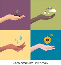 Racial diversity of hands holding leaf, rainbow, water and flower. Nature loving.