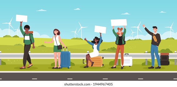 Racial diversity hitchhiking people is trying to stop a car and holding empty blank board. Freedom to move and rest concept. Flat cartoon vector illustration design. Wind turbine on the background.