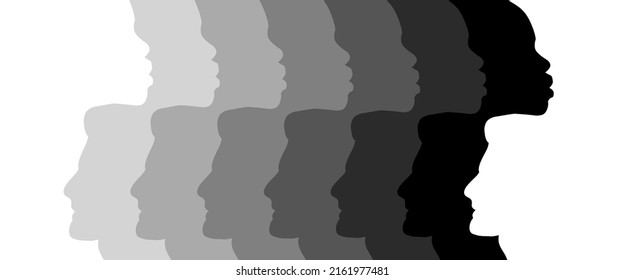 Antecedentes del concepto de igualdad racial contra el racismo. Silueta de perfil de la diversidad multiétnica. 