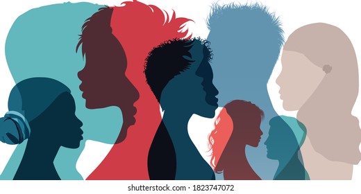 Racial equality and anti-racism. Silhouette profile group of men women and girl of diverse culture. Diversity multi-ethnic and multiracial people. Multicultural society. Friendship
