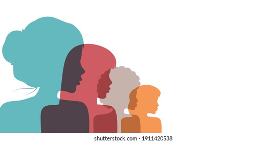 Racial Equality And Anti-racism. Silhouette Profile Group Of Women And Girls Of Diverse Culture. Social Image. Vector Banner.