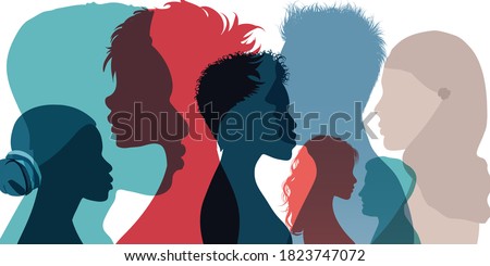 Racial equality and anti-racism. Silhouette profile group of men women and girl of diverse culture. Diversity multi-ethnic and multiracial people. Multicultural society. Friendship