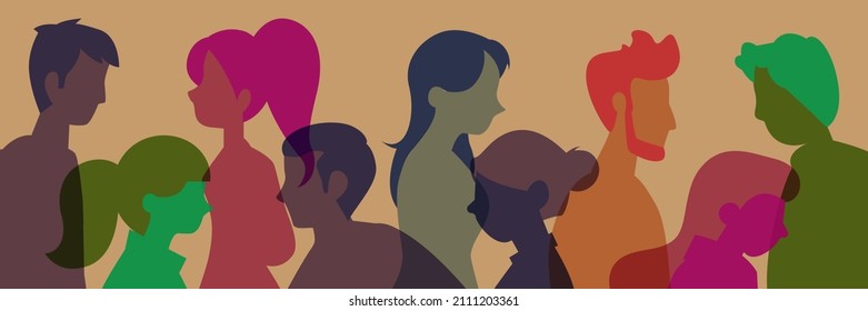 Racial equality and Coexistence harmony and multicultural community integration. Diversity multiethnic people. Group side silhouette men and women of different culture and different countries.