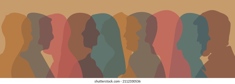 Racial equality and Coexistence harmony and multicultural community integration. Diversity multiethnic people. Group side silhouette men and women of different culture and different countries.
