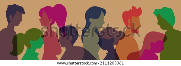 Racial equality and Coexistence harmony and\
multicultural community integration. Diversity multiethnic people.\
Group side silhouette men and women of different culture and\
different countries.