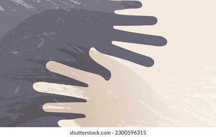 Racial equality concept. Two intersecting hands of a white man and a black man. Symbol sign Anti-racism human rights peace and friendship.Creative poster design - drawing paint brushes