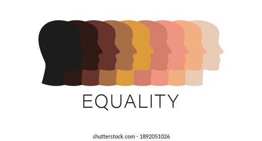 Racial Equality Different Flat Human Faces. No Rasism And Discrimination, Tolerance Concept Background. Equal Rights Justice And Unity Graphic Illustration.