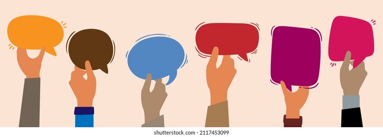 Racial equality and Diverse women talking chatting and sharing information on social networks. Group Raised arms of diversity multi-ethnic multicultural men and women holding speech bubble in hand.