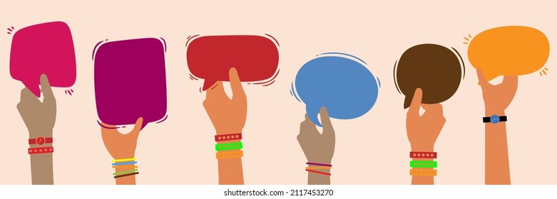 Racial equality and Diverse women talking chatting and sharing information on social networks. Group Raised arms of diversity multi-ethnic multicultural men and women holding speech bubble in hand.