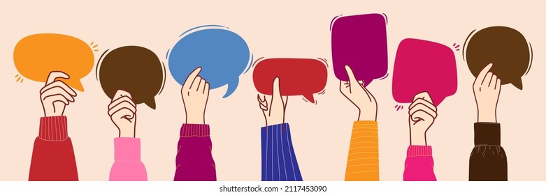 Racial equality and Group Raised arms of diversity multi-ethnic multicultural people holding speech bubble in hand. Diverse people talking chatting and sharing information on social networks.