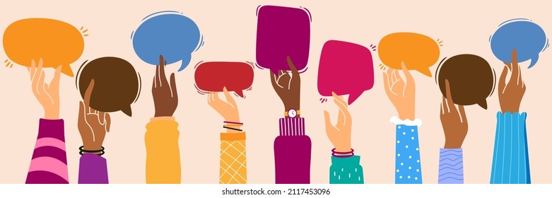 Racial equality and Group Raised arms of diversity multi-ethnic multicultural people holding speech bubble in hand. Diverse people talking chatting and sharing information on social networks.