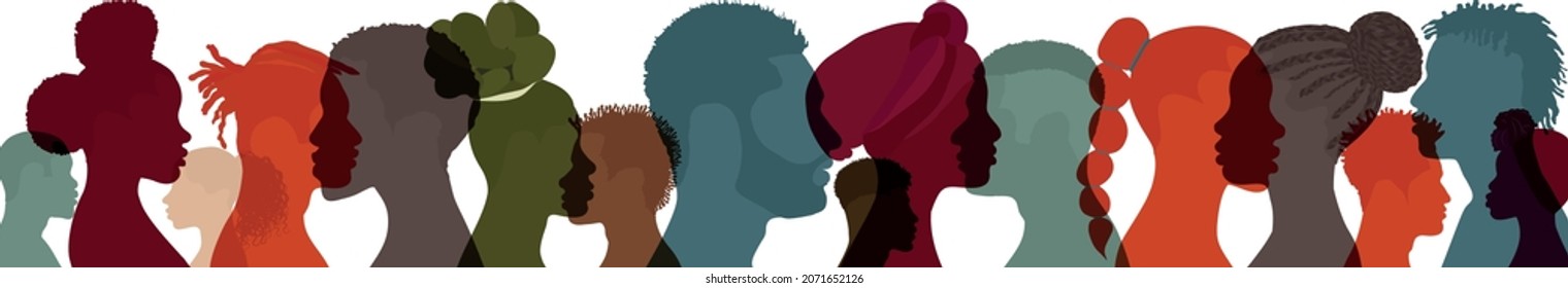 Racial equality and justice - Identity concept. Silhouette face head in profile ethnic group of black African and African American men and women. Racial discrimination. Racism