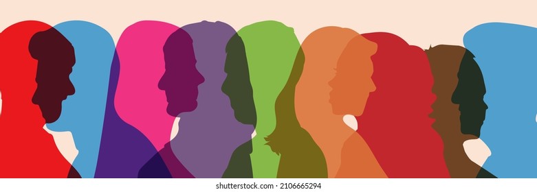 Racial equality and justice Identity concept. Racial discrimination. Silhouette head in profile ethnic group of black African and African American men and women.	