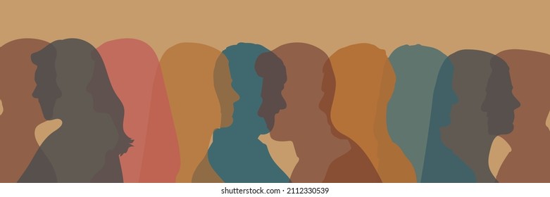 Racial equality and justice Identity concept. Racial discrimination. Silhouette head in profile ethnic group of black African and African American men and women.