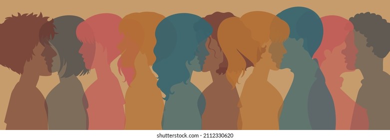 Racial equality and justice Identity concept. Racial discrimination. Silhouette head in profile ethnic group of black African and African American men and women.