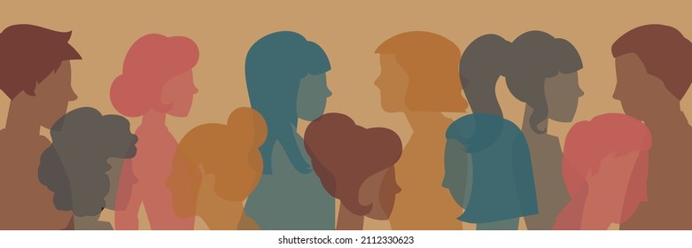 Racial equality and justice Identity concept. Racial discrimination. Silhouette head in profile ethnic group of black African and African American men and women.