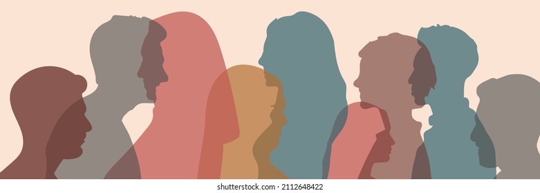 Racial equality and justice Identity concept. Racial discrimination. Silhouette head in profile ethnic group of black African and African American men and women.