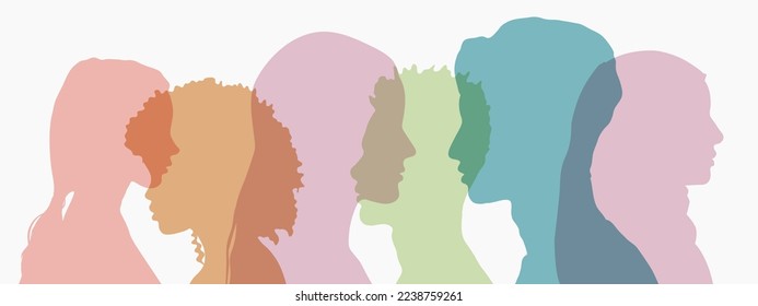 Сoncept of racial equality, tolerance and friendship between people of different cultures. Abstract silhouette of female and male profile.
