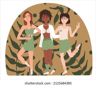 Racial equality. Vector illustration with three girls of different nationalities. People with different skin color together. Tolerance